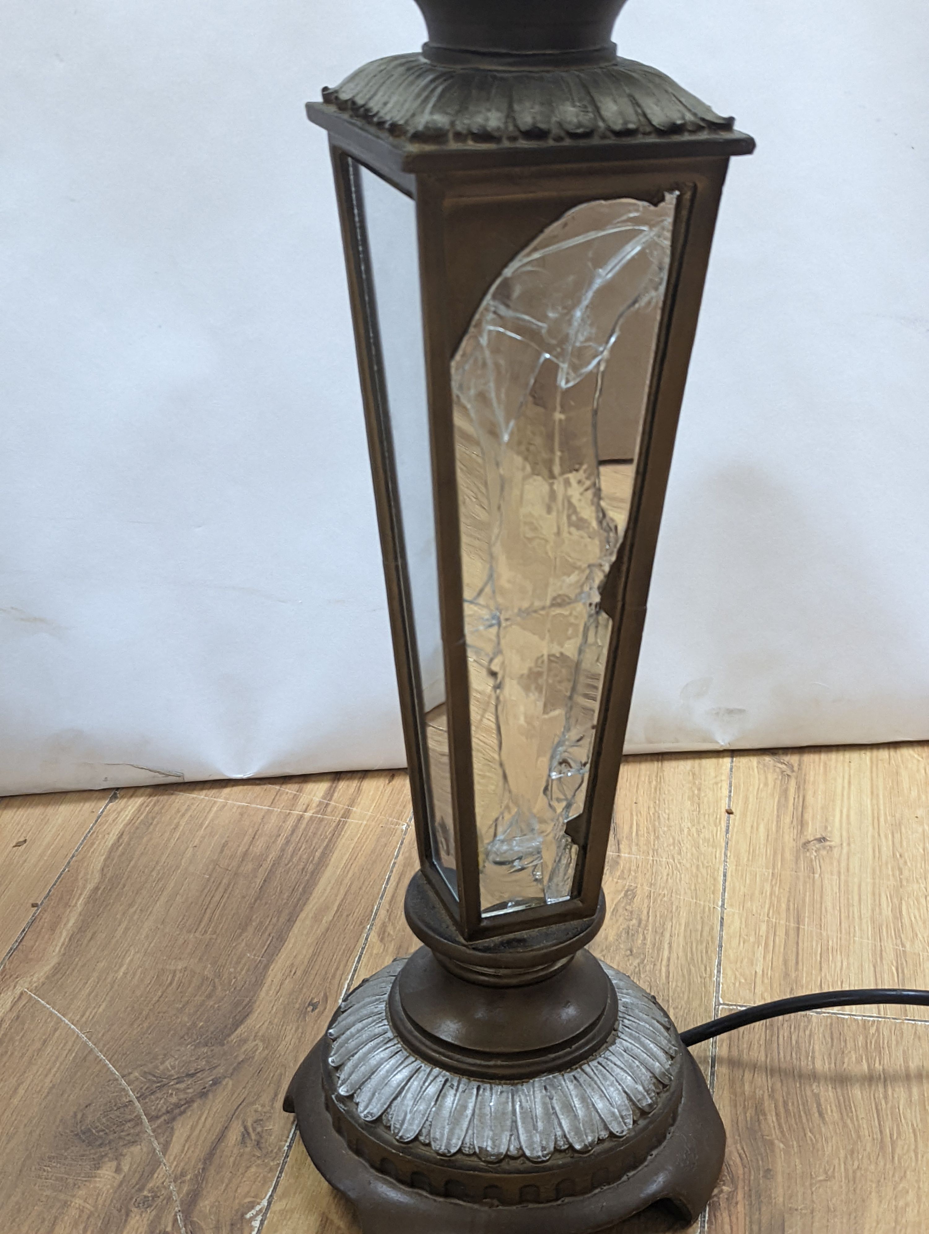 A pair of mirrored bedside lamps, one a/f with shades